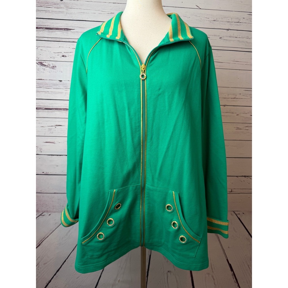 Quacker Factory Sweatshirt Plus Size 1X Green Rhinestone A229872 Full Zip Jacket